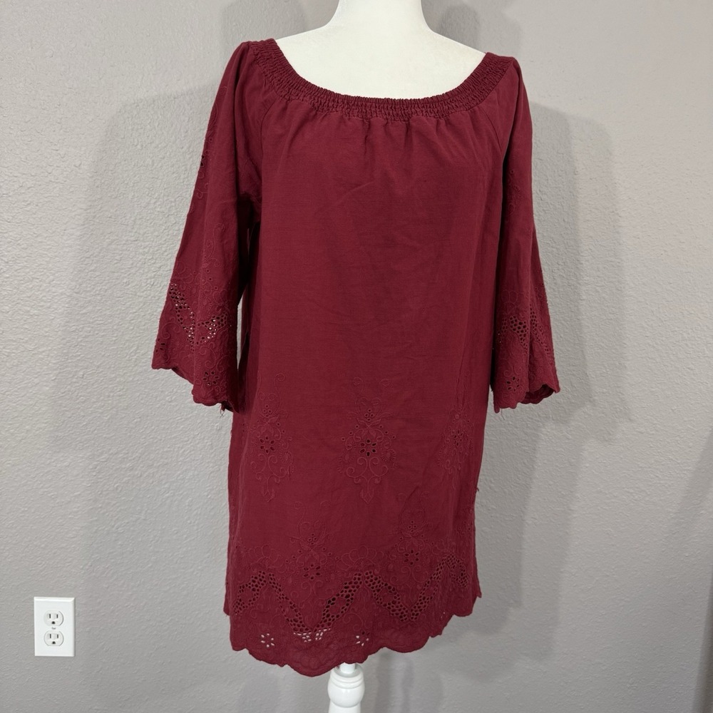 Flying Tomato Women's L Red Off Shoulder Lace Bell Sleeve Boho Gypsy Tunic Top